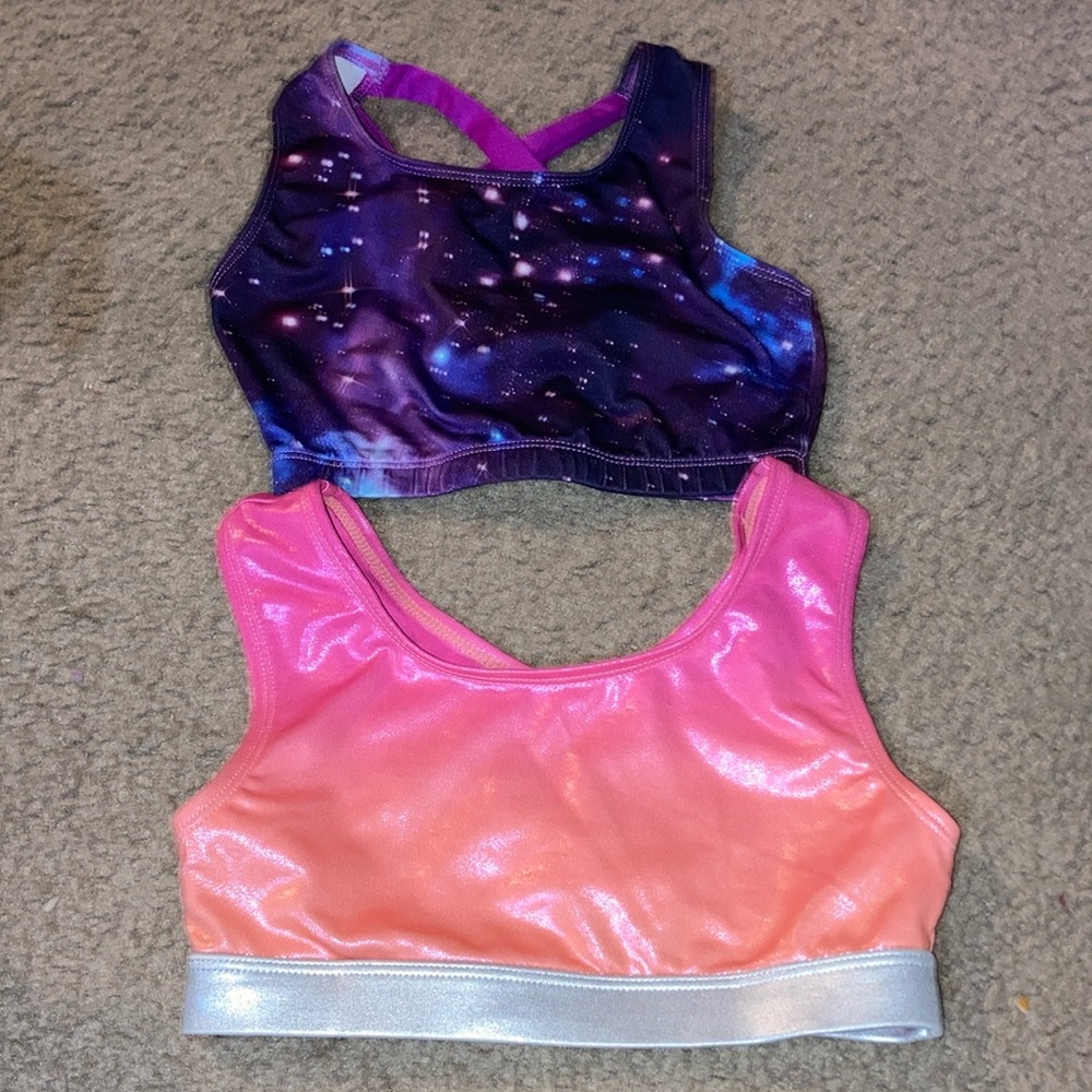 Two cute Gymnastics style sports bras size small (6/6X)
